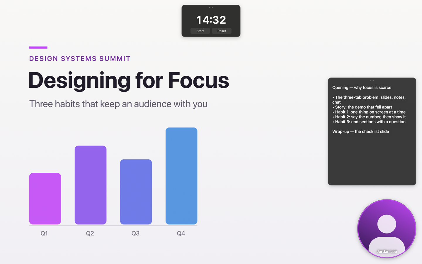 Slide deck with the camera bubble, presenter notes, and stage timer floating above it