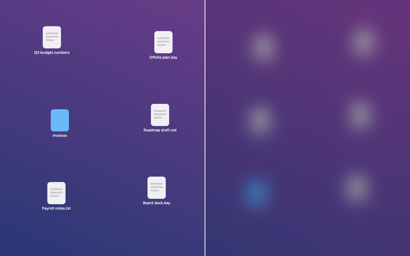 A desktop shown half with readable file icons and half blurred by Hide Desktop Icons