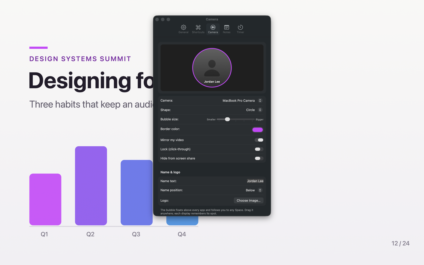 Pro Stage's Camera settings pane with a live preview